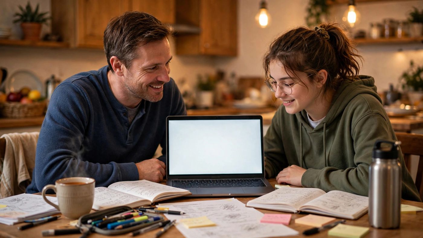 A parent and student planning college applications together at a table