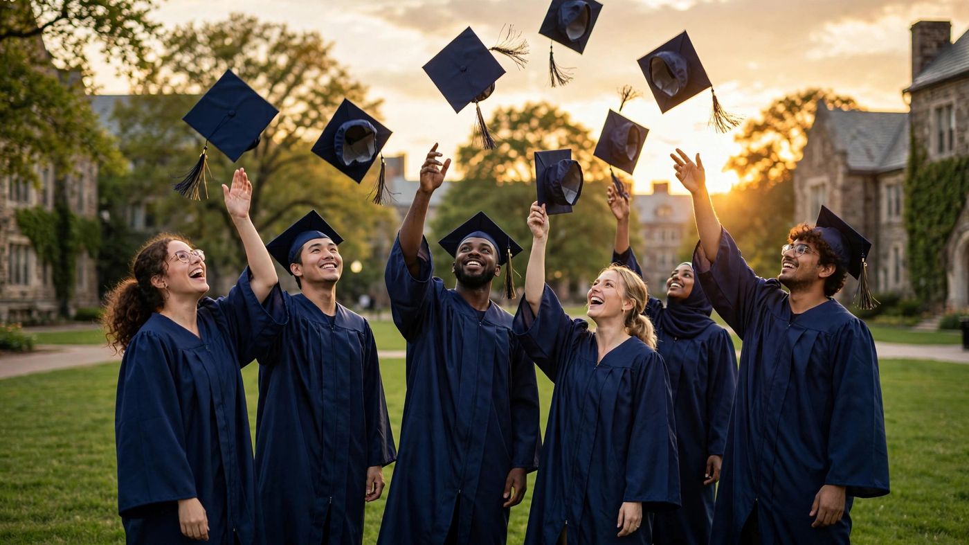 Graduates in navy caps and gowns throwing their caps in celebration